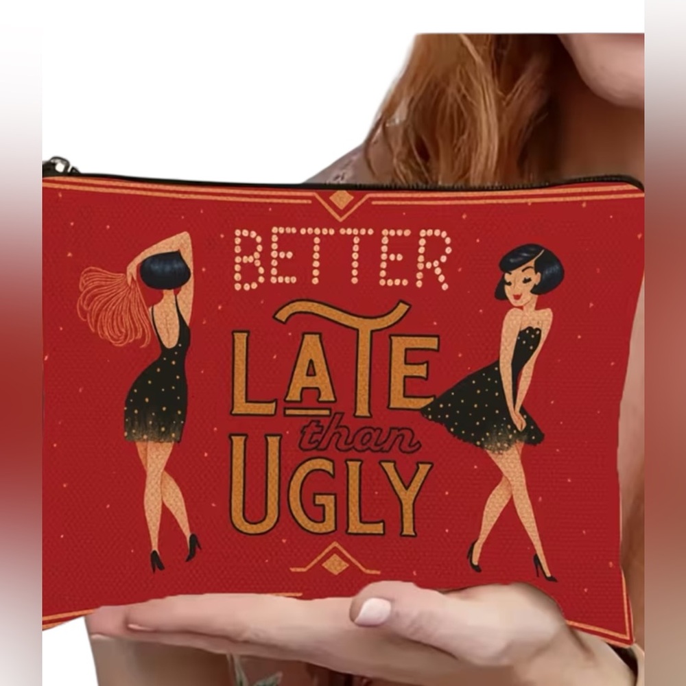 Cosmetic Bag “Better Late Than Ugly” Red Makeup Zippered Pouch - Picture 3 of 4